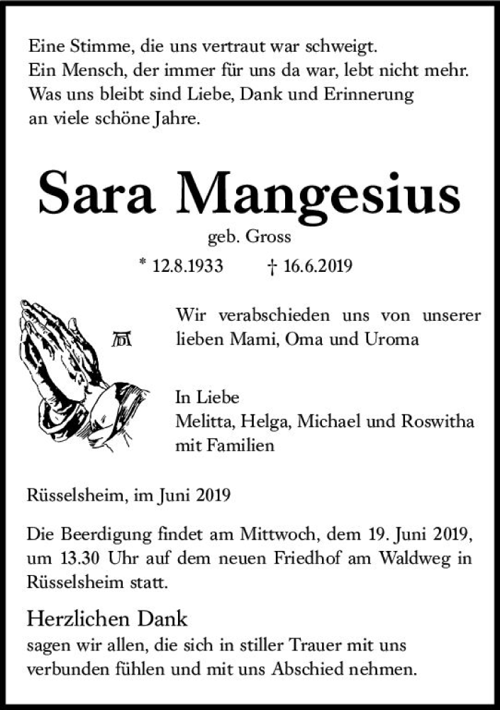  Traueranzeige für Sara Mangesius vom 18.06.2019 aus vrm-trauer