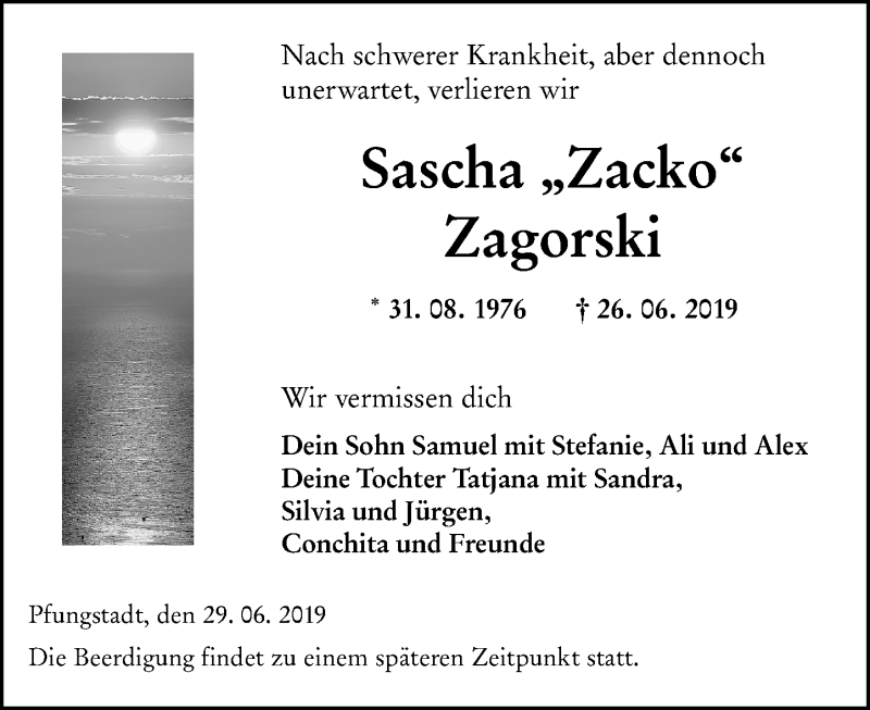  Traueranzeige für Sascha Zagorski vom 29.06.2019 aus vrm-trauer