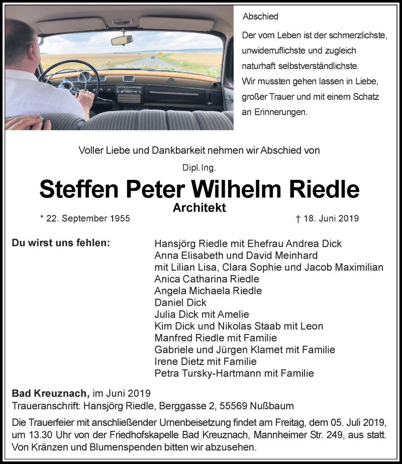  Traueranzeige für Steffen Peter Wilhelm Riedle vom 29.06.2019 aus vrm-trauer