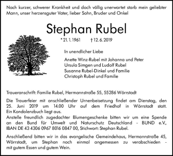 Traueranzeige von Stephan Rubel von vrm-trauer