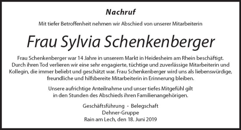  Traueranzeige für Sylvia Schenkenberger vom 18.06.2019 aus vrm-trauer
