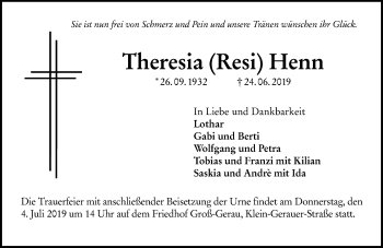 Traueranzeige von Theresia Henn von vrm-trauer