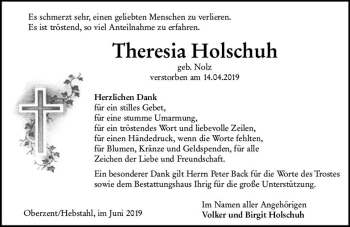 Traueranzeige von Theresia Holschuh von vrm-trauer