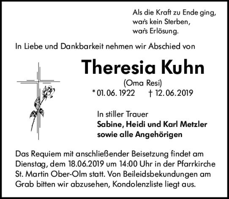  Traueranzeige für Theresia Kuhn vom 15.06.2019 aus vrm-trauer