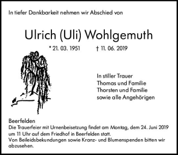 Traueranzeige von Ulrich Uli Wohlgemuth von vrm-trauer
