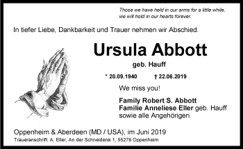 Traueranzeige von Ursula Abbott von vrm-trauer