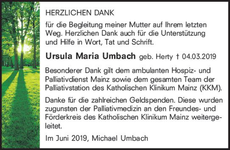  Traueranzeige für Ursula Maria Umbach vom 08.06.2019 aus vrm-trauer