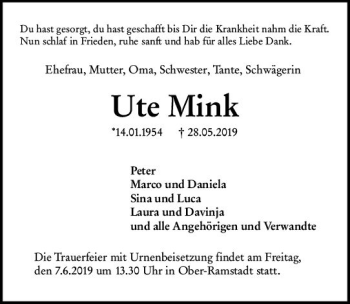 Traueranzeige von Ute Mink von vrm-trauer