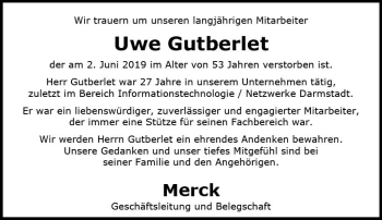 Traueranzeige von Uwe Gutberlet von vrm-trauer