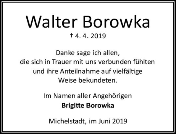 Traueranzeige von Walter Borowka von vrm-trauer
