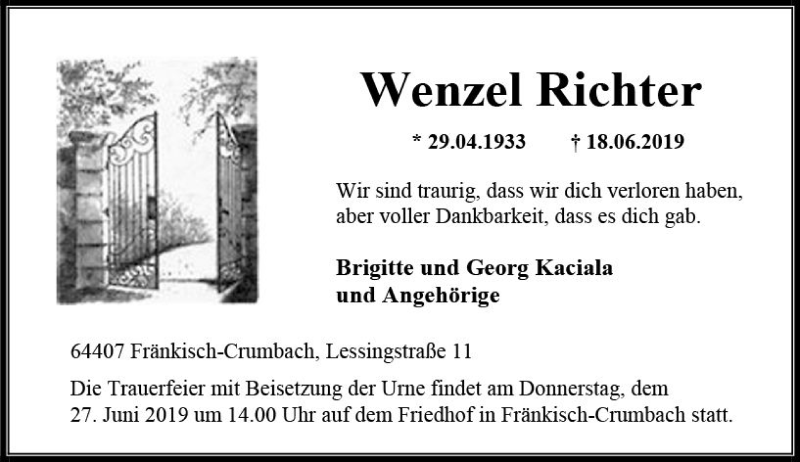  Traueranzeige für Wenzel Richter vom 25.06.2019 aus vrm-trauer
