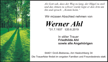 Traueranzeige von Werner Ahl von vrm-trauer