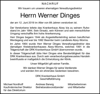 Traueranzeige von Werner Dinges von vrm-trauer