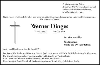 Traueranzeige von Werner Dinges von vrm-trauer