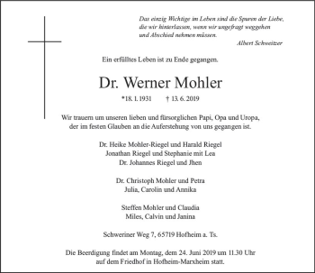 Traueranzeige von Werner Mohler von vrm-trauer