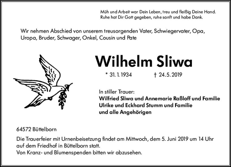  Traueranzeige für Wilhelm Sliwa vom 03.06.2019 aus vrm-trauer