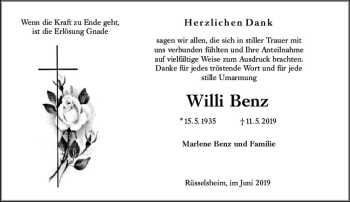 Traueranzeige von Willi Benz von vrm-trauer