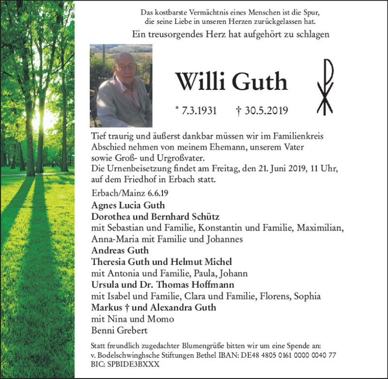  Traueranzeige für Willi Guth vom 08.06.2019 aus vrm-trauer