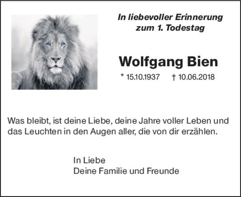  Traueranzeige für Wolfgang Bien vom 11.06.2019 aus vrm-trauer