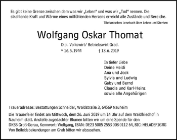 Traueranzeige von Wolfgang Oskar Thomat von vrm-trauer