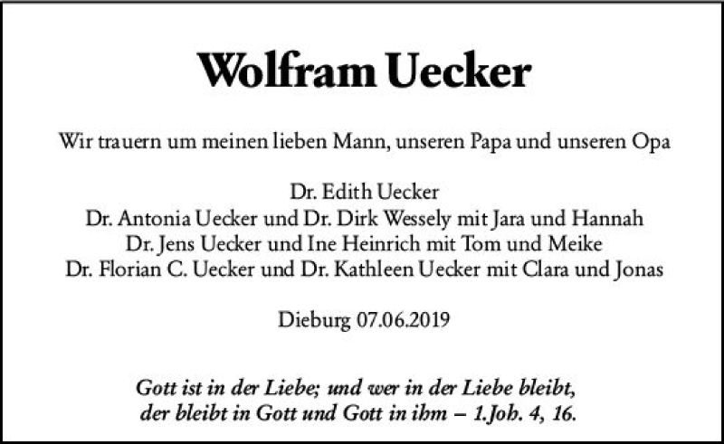  Traueranzeige für Wolfram Uecker vom 12.06.2019 aus vrm-trauer