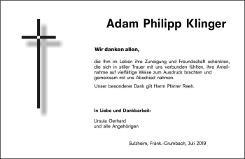 Traueranzeige von Adam Philipp Klinger von vrm-trauer