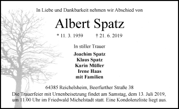 Traueranzeige von Albert Spatz von vrm-trauer