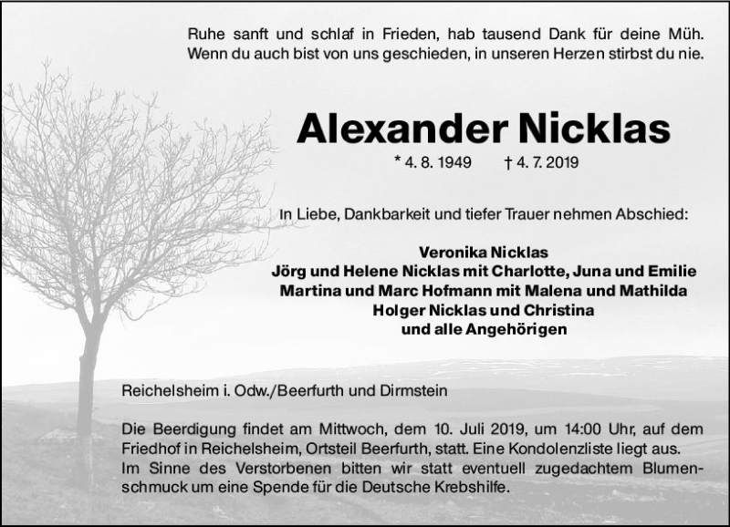  Traueranzeige für Alexander Nicklas vom 08.07.2019 aus vrm-trauer