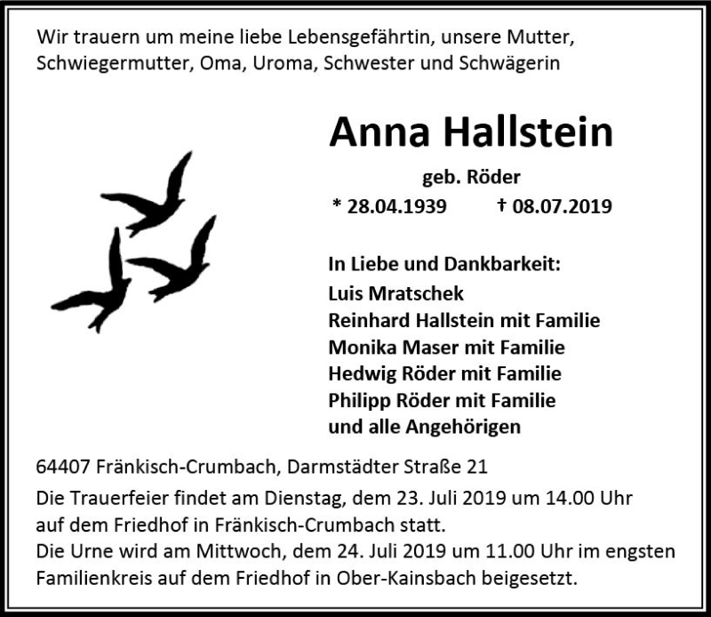  Traueranzeige für Anna Hallstein vom 20.07.2019 aus vrm-trauer