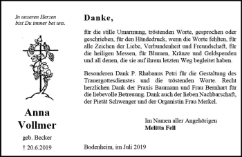 Traueranzeige von Anna Vollmer von vrm-trauer