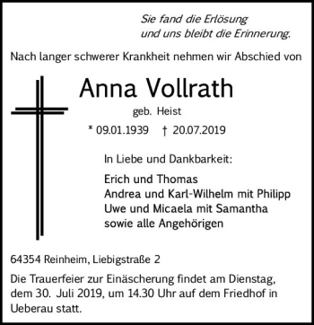 Traueranzeige von Anna Vollrath von vrm-trauer
