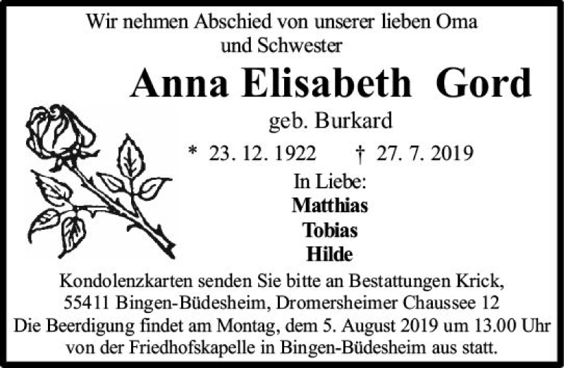  Traueranzeige für Anna Elisabeth Gord vom 31.07.2019 aus vrm-trauer