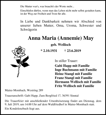 Traueranzeige von Anna Maria  May von vrm-trauer