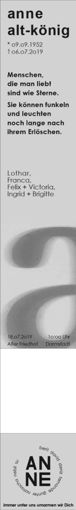  Traueranzeige für Anne Alt-König vom 13.07.2019 aus vrm-trauer