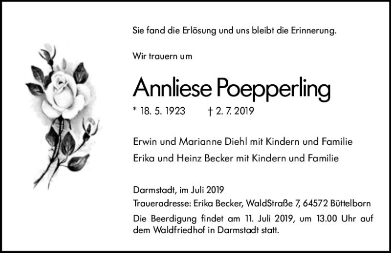  Traueranzeige für Annliese Poepperling vom 09.07.2019 aus vrm-trauer