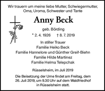 Traueranzeige von Anny Beck von vrm-trauer