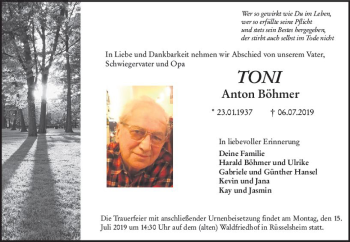 Traueranzeige von Anton Böhmer von vrm-trauer