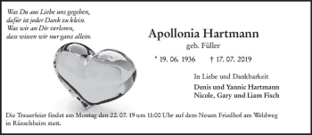 Traueranzeige von Apollonia Hartmann von vrm-trauer