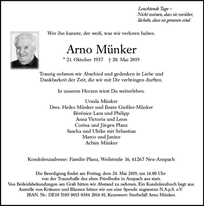  Traueranzeige für Arno Münker vom 22.05.2019 aus  Usinger Anzeiger
