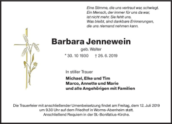 Traueranzeige von Barbara Jennewein von vrm-trauer