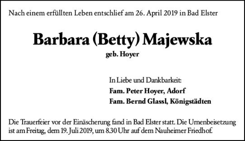  Traueranzeige für Barbara Betty Majewska vom 16.07.2019 aus vrm-trauer