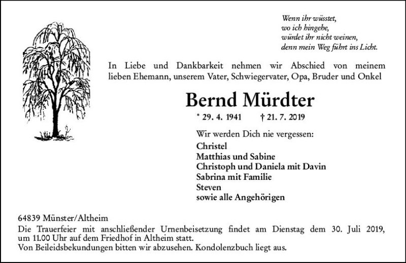  Traueranzeige für Bernd Mürdter vom 24.07.2019 aus vrm-trauer