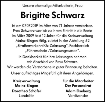 Traueranzeige von Brigitte Schwarz von vrm-trauer