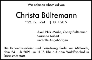 Traueranzeige von Christa Bültemann von vrm-trauer