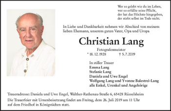 Traueranzeige von Christian Lang von vrm-trauer