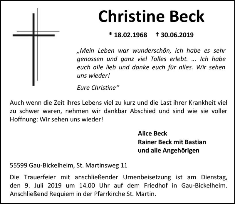  Traueranzeige für Christine Beck vom 05.07.2019 aus vrm-trauer