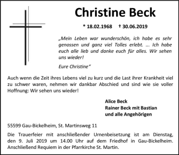 Traueranzeige von Christine Beck von vrm-trauer