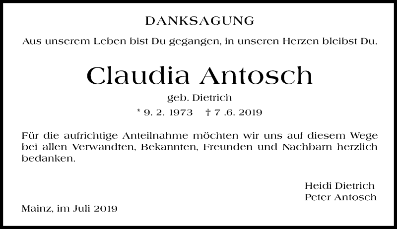  Traueranzeige für Claudia Antosch vom 06.07.2019 aus vrm-trauer