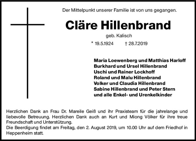  Traueranzeige für Cläre Hillenbrand vom 31.07.2019 aus vrm-trauer