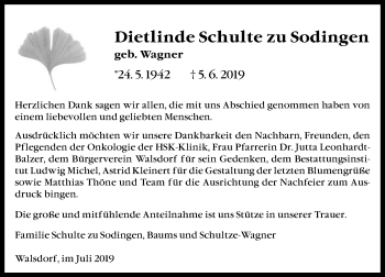 Traueranzeige von Dietlinde Schulte zu Sodingen von vrm-trauer